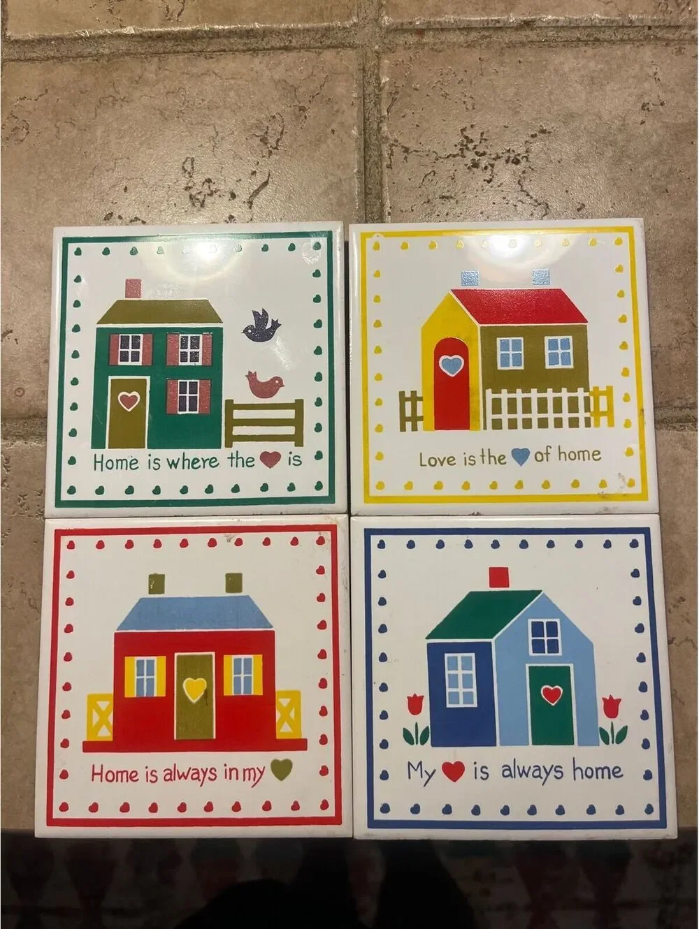 ENDED Home N Heart Square Coasters Trivet Tiles Cozy Sweet Comfort Sayings Set 4